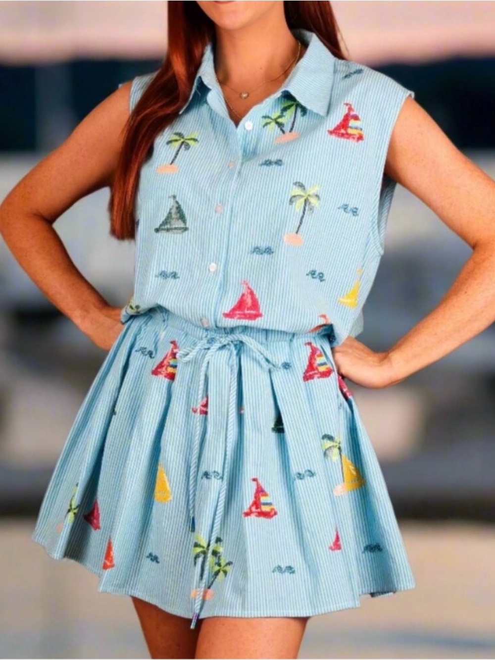 QUEEN OF SPARKLES Light Blue Striped Mini Dress with Multicolor Sailboat Print